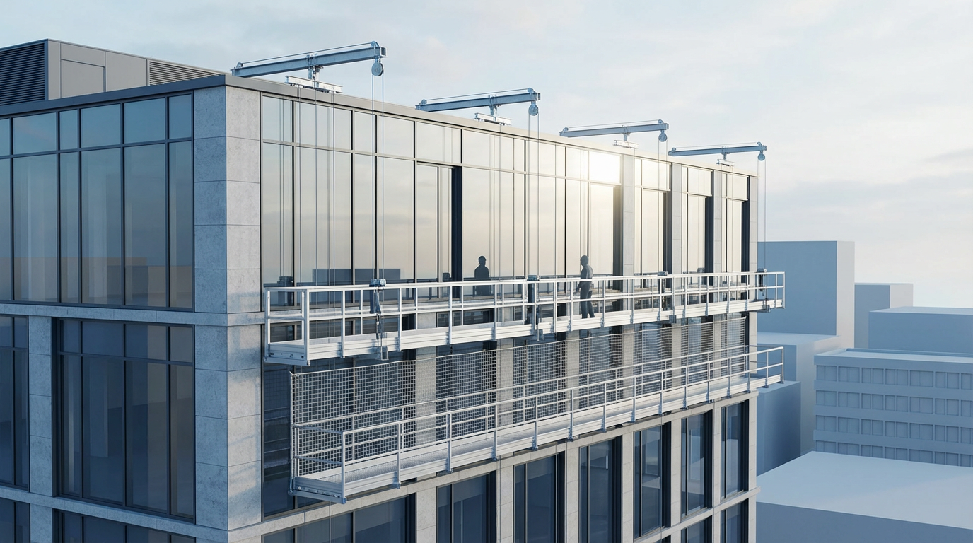 Schutz- und Hängegerüst an einem modernen Bürogebäude – sichere Arbeitsplattform für Fassadenarbeiten